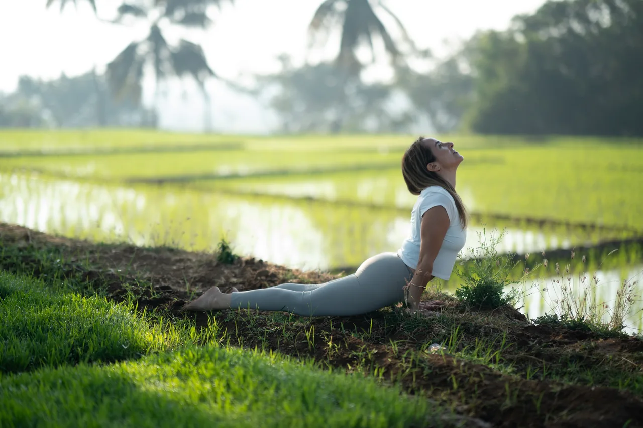 Práctica de yoga entre paisajes verdes durante una experiencia de Inspira en India del Sur